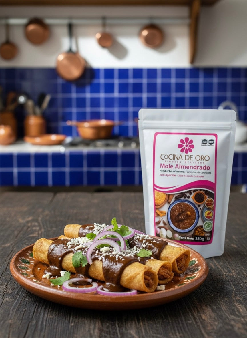 Flautas de Carne Deshebrada con Mole Almendrado