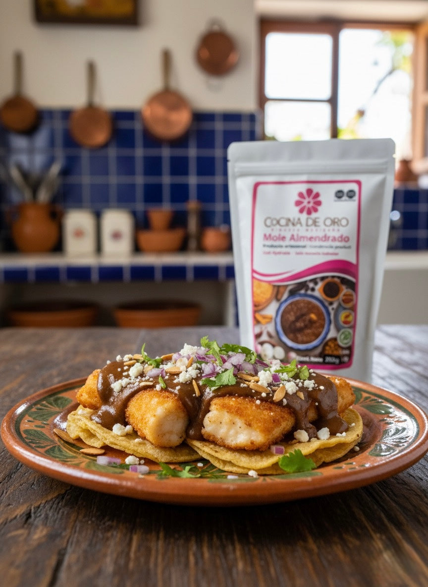Tostadas de Pescado Rebozado con Mole Almendrado